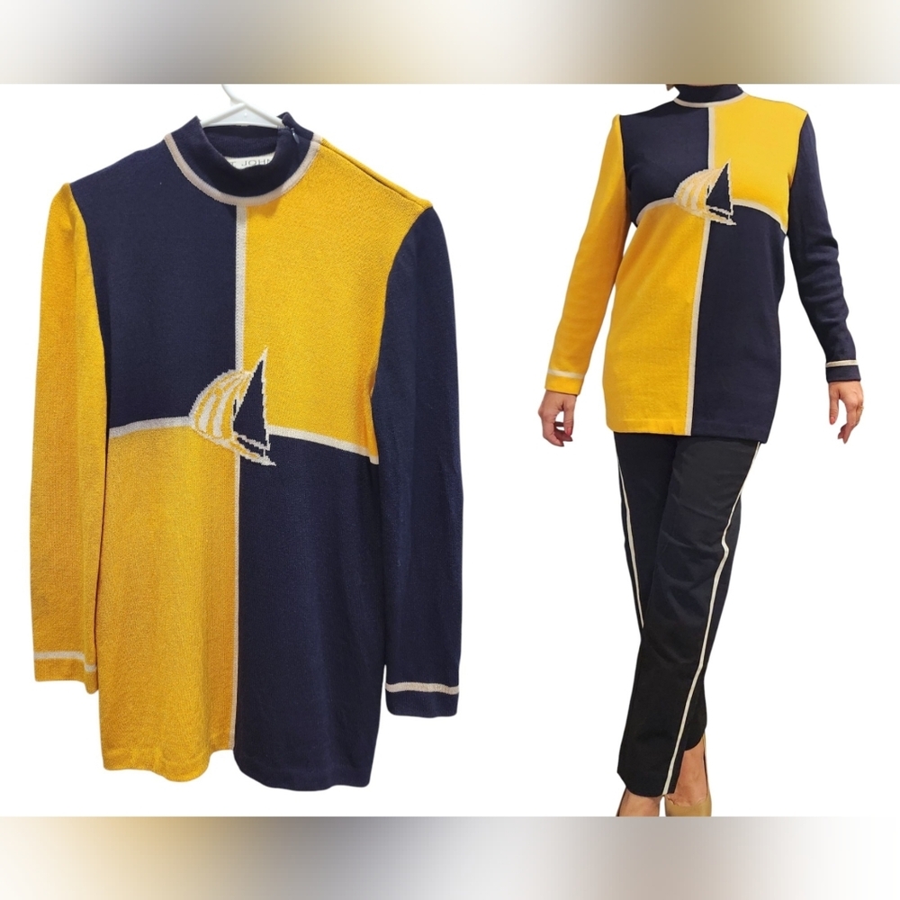 St John Tunic Sweater Women's Sz Small P Santana Knit Boat Yellow Blue Nautical